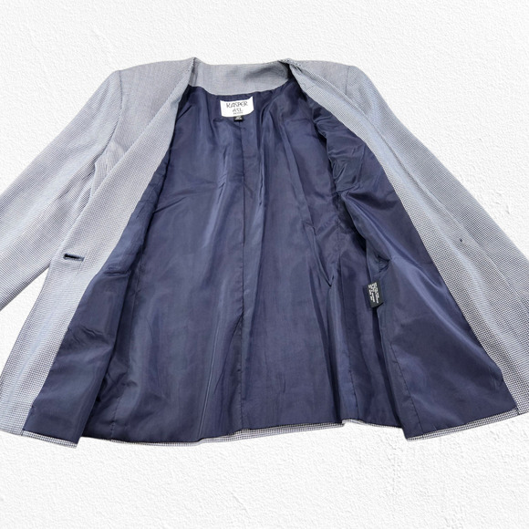 90s Vintage Navy White Houndstooth Kasper Single Button Blazer Jacket Size 12P - Picture 9 of 11